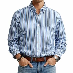 BUGATCHI UOMO Mens Long Sleeve‎ Striped Button Down Shirt Size L Blue Roll Tab